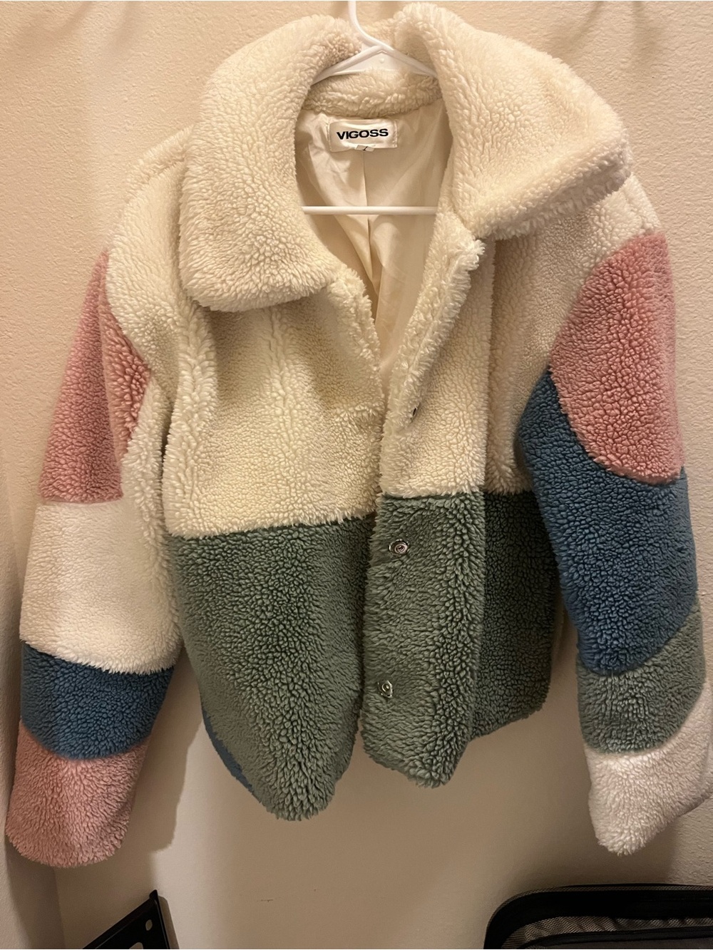 Vigoss Colorblock Sherpa Jacket in Cream, Sage & Dusty Pink with Blue Panels
